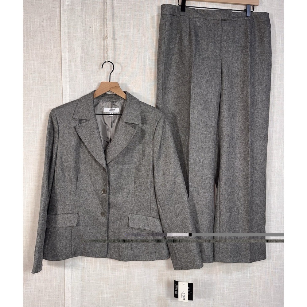 NEW Le Suit Essentials Women's Sz 16 Gray Herringbone Blazer Trousers Set Pants